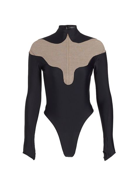 "Find MUGLER Illusion Mesh-paneled Bodysuit on Editorialist. Mugler's fitted bodysuit features a high neck, long sleeves, and illusion mesh paneling, creating an alluring off-the-shoulder look. High neck Long sleeves Hook-and-eye closure 78% polyamide/22% elasthane Fabric 2: 78% polyamide/22% elastane Lining: 95% cotton 5% elastane Machine wash Made in Portugal SIZE & FIT Model measurements: 5'10\" tall Model is wearing a US size 4. Mugler. Color: Black Beige. Size: 6." Fitted Bodysuit, High Neck Long Sleeve, Mesh Panel, Tall Model, Black Bodysuit, Black Mesh, Model Measurements, Off The Shoulder, Fitness Models