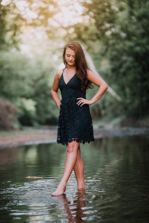 Senior Portraits Photography, Senior Picture Poses Creek, Senior Pictures River Water, Senior Pics In Creek, Senior Photos By The River, Creek Portrait Photography, Female Senior Picture Poses Photo Ideas, Senior Photo In Water, Senior Photos Near Water