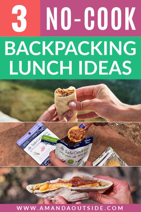 Backpacking Lunch Ideas [3 No-Cook Recipes] While you’re hiking and backpacking, it’s nice to have quick easy lunches that don’t require a stove. Click through for some new ideas for your next backpacking trip. By Amanda Outside - your source for simple backpacking food ideas and inspiration for your next trip. www.amandaoutside.com #backpackingfood #backpackingtips #lunchideas Lunch Ideas No Cook, Backpacking Lunch, Lightweight Backpacking Food, Best Backpacking Food, Hiking Lunch, Quick Easy Lunch, Trail Food, Hiking Snacks, Hiking Food