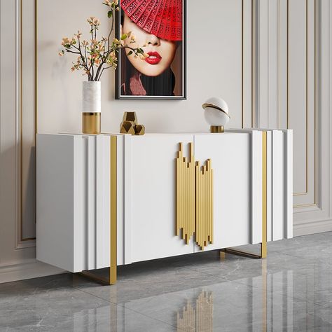 Aurea 63" Light Luxury Sideboard White Rectangular Buffet with 2 Doors 2 Shelves in Gold Black Sideboard Buffet, Sideboard Cabinet Modern, Foldable Dining Table, Sideboard White, Luxury Sideboard, Stemware Storage, Loveseat Living Room, Wood Buffet, Black Sideboard