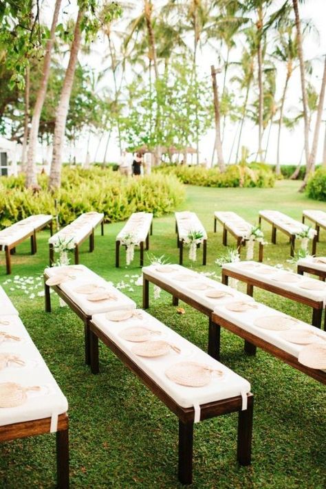 Elegant wedding ceremony setting. Obviously the setting is amazing, but the bench seating with fans and minimal flowers, white with dark wood, gives this outdoor ceremony a beautifully understated gracefulness. Bench Seating Wedding, Wedding Bench Seating, Wedding Bench, Seating Wedding, Wedding Ceremony Seating, White Wedding Ceremony, Hawaii Destinations, Kauai Wedding, Hawaii Destination Wedding