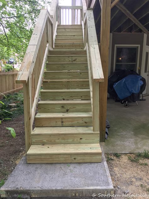 Stairs To Deck, Deck Stairs Landing, Deck Staircase, Ground Deck, Deck Renovation, Porch And Patio, Second Story Deck, Patio Stairs, Deck Steps