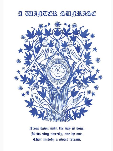 "Blue Folk Art Birds and Sun Illustration - From Dawn Until the Day is Done" Essential T-Shirt for Sale by Jemma Jamie Skidmore Folk Art Birds, Sun Illustration, Spring Equinox, Woodland Scene, Illustration Wall Art, Blue Tree, Tree Illustration, Simple Prints, Custom Illustration