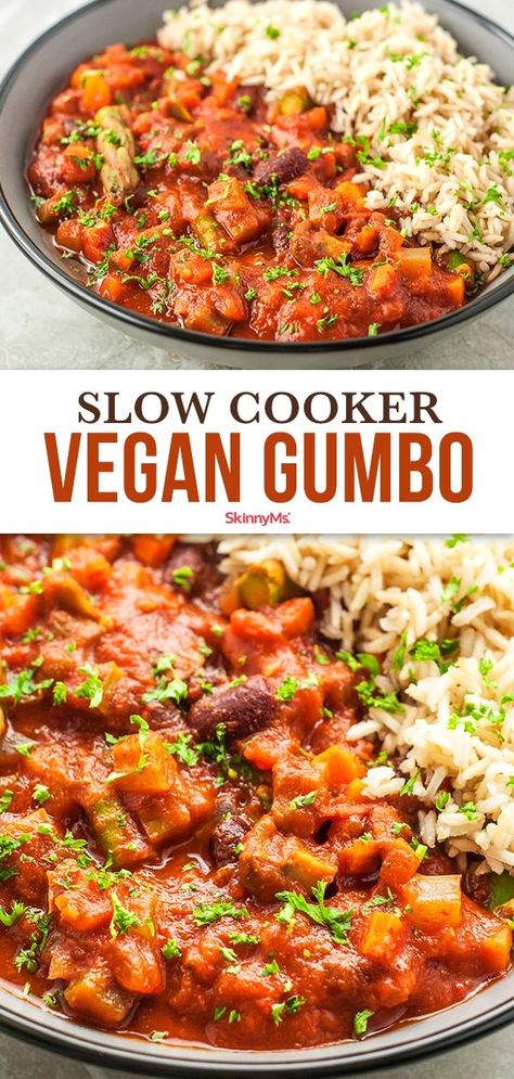 Vegan Slow Cooker Meals, Plant Based Slow Cooker, Vegetarian Gumbo Recipe, Vegan Gumbo Recipe, Healthy Gumbo, Slow Cooker Vegetarian Recipes, Vegan Gumbo, Crockpot Vegan, Crockpot Fajitas