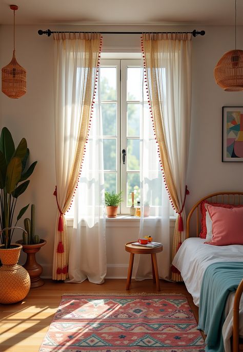 Boho Bedroom Curtains ideas Modern Boho Curtains Bedroom, Boho Curtain Ideas For Living Room, Boho Closet Curtains, Boho Curtains Bedroom Bohemian Style, Boho Curtain Ideas, Boho Curtains Living Room, Bedroom Curtain Ideas, Bedroom Bohemian, Closet Curtains