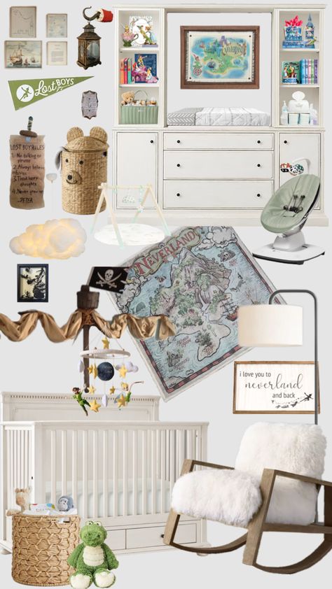 Neverland Nursery #neverland #peterpan #peterpannursery #nursery #babynursery #nurseryinspo Peter Pan Nursery Girl, Peter Pan Nursery Ideas, Peter Pan Room, Nursery Moodboard, Neverland Nursery, Peter Pan Nursery, Baby Nursery Themes, Toddler Rooms, Nursery Inspo