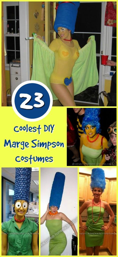 If you are looking to stand out on Halloween, what better way than make yourself a Marge Simpson Costume? With her Giant blue hair, popping eyes and yellow skin, you wouldnt be missed anywhere you go! If youre going with your family you can all go as the Simpsons family together! D'oh! Marge Homer Simpson Costume, The Simpsons Costumes Diy, The Simpson Costume, Simpsons Family Costume, The Simpsons Halloween Costume, Diy Simpsons Costumes, Simpson Family Costume, Simpson Halloween Costumes, Diy Marge Simpson Hair