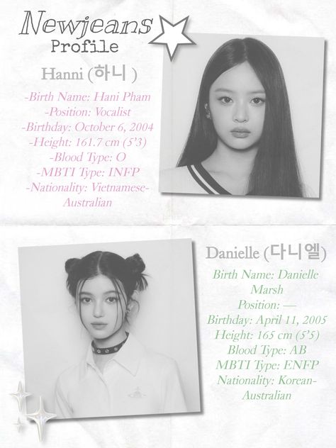 Newjeans Hanni and Danielle profile #newjeans #kpop #hanni #danielle Baby Danielle, Newjeans Members, Mbti Type, Newjeans Kpop, Kpop Obsession, Infp, Mbti, Face Shapes