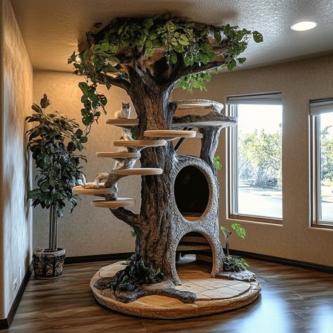 This cat treehouse tower is creatively shaped like a tree, offering your feline a naturalistic playground to climb, explore, and relax. With its sturdy, sisal-wrapped “trunk” and plush, leaf-shaped perches at various heights, this tower mimics the feel of a real tree. Cozy hideaways nestled among the “branches” provide perfect spots for napping, while dangling toys add an element of interactive play. Designed to blend seamlessly into your home décor, this tree-shaped cat tower combines durabi... Forest Living, Cats Toys, Fairytale Forest, Fairytale Decor, Cat Tree House, Diy Cat Tree, Cat Trees, Backyard Playground, Real Tree