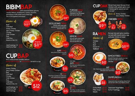 Essen, Korean Food Menu Design Ideas, Korean Restaurant Menu Design, Korean Bbq Menu Design, Korean Menu Food, Korean Food Menu Design, Korean Menu Design, Menu Food Design, Bbq Menu Design