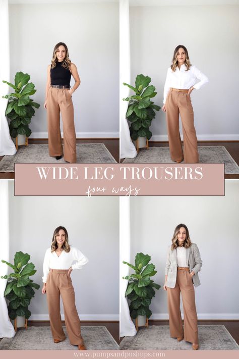 Wide Leg Business Pants, Wide Leg Pants Outfit Professional, Wife Legged Pants Outfit, High Waist Work Pants Outfit, Tailored Wide Leg Trousers Outfit, Kakis Wide Leg Pants Outfit Women Style, Spring Outfits Wide Leg Pants, High Waste Wide Leg Pant, Wide Leg Trousers Outfit Wedding Guest