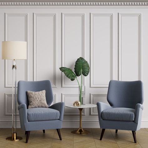 Chair And Table In Bedroom, Blue Armchair Living Room, Interior Design Living Room Grey, Arm Chair Living Room, White Moulding, Bedroom Armchair, Armchairs Living Room, Armchair Bedroom, Cozy Interior Design