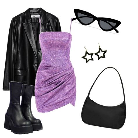 Purple sparkle dress with black leather jacket and black boots /accessories/ Dress With Black Leather Jacket, Euphoria Aesthetic Outfits, Euphoria Inspired Outfits, Euphoria Outfits Party, Estilo Zendaya, Hslot Outfit Ideas, Harry Styles Concert Outfit, Euphoria Clothing, Cute Concert Outfits