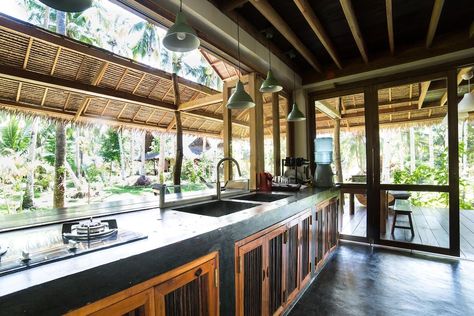 Kitchen, windows open on the counter... Small Rest House Design, Peacock House, Emerald House, General Luna, Wood House Design, Eco House Design, Philippine Houses, Bahay Kubo, Sunken Living Room