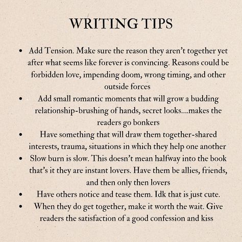 How to write a slow burn! This is my favorite trope. I have like three slow burn relationships in my book ahaha #slowburn #slowburnromance #romance #writing #writingtips #writersofinstagram #writingcommunity #christianwriter #indiewriter #cleanfiction How To Write Slow Burn, Writing Slow Burn Romance, Slow Burn Romance Writing Tips, Slow Burn Romance Prompts, Trope Ideas, Slow Burn Romance, Romance Writing, Writing Romance, Forbidden Love