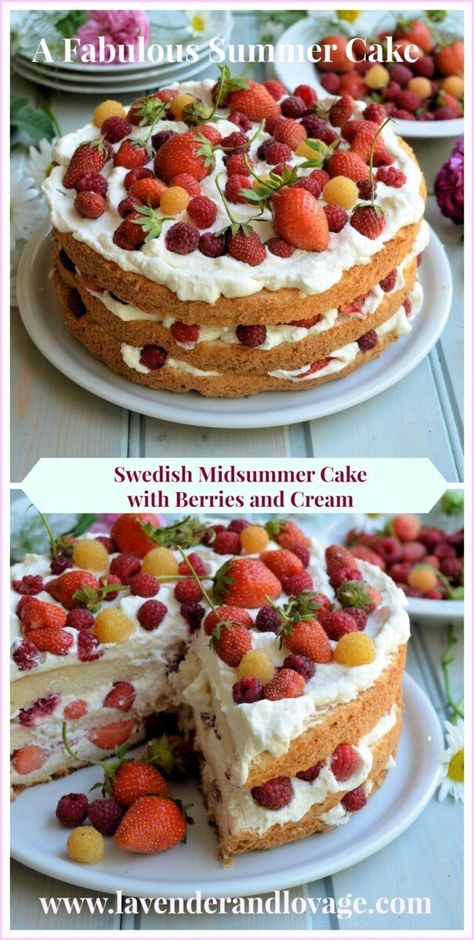 Swedish Midsummer Cake with Berries and Cream Swedish Midsummer Cake, Midsummer Food Ideas, Swedish Birthday Cake, Summer Solstice Cake, Swedish Midsummer Food, Summer Solstice Birthday Party, Midsummer Party Food, Summer Solstice Food, Swedish Midsummer Party