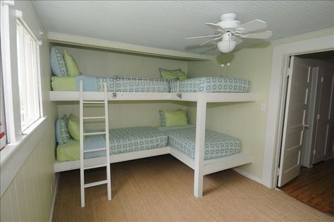 Bunk Room sleeps four children or two adults. Top bunks not suited for adults. Beds Ideas, Triple Bunk Beds, Bunk Beds Built In, Cool Kids Bedrooms, Bunk Rooms, Built In Bunks, Bunk Bed Designs, Space Bedding, Kids Bunk Beds