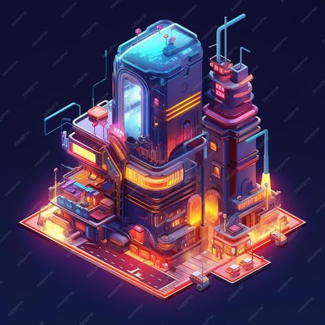 Premium AI Image | Isometric futuristic building with neon colorful lights Technological cyber neon lights building Futuristic Isometric, Futuristic Building Concept Art, Fairy Architecture, Cyberpunk Model, Isometric Island, Cyberpunk House, Cyberpunk Building, Cartoon Ideas, Concept Vehicles Sci Fi