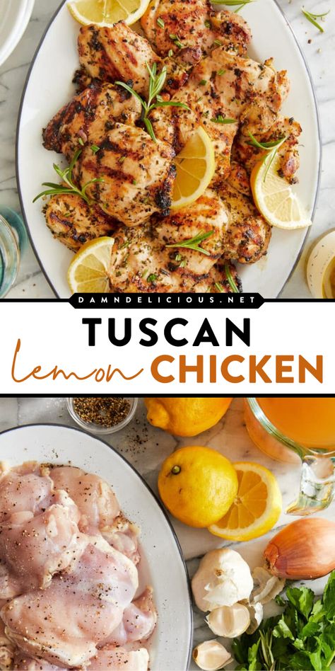 A summer grilling idea featuring Tuscan lemon chicken thighs! Thanks to a lemon garlic herb marinade, this grilled Tuscan chicken is tender and juicy with so much flavor. Perfect on your Memorial Day party food and Father's Day dinner menu! Tuscan Lemon Chicken, Tuscan Chicken Recipe, Lemon Chicken Thighs, Lemon Chicken Recipe, Spring Dinner, Tuscan Chicken, Mediterranean Diet Recipes, Chicken Dishes Recipes, Spring Recipes