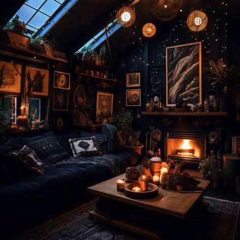 Fantasy Living Room Aesthetic, Whismgothic Living Room, Witch Core Living Room, Witchy Sitting Room, Witchy House Aesthetic Living Room, Dark Achadamia, Wizard Aesthetic Room, Cozy Witchy Living Room, Whimsigoth Decor Living Room