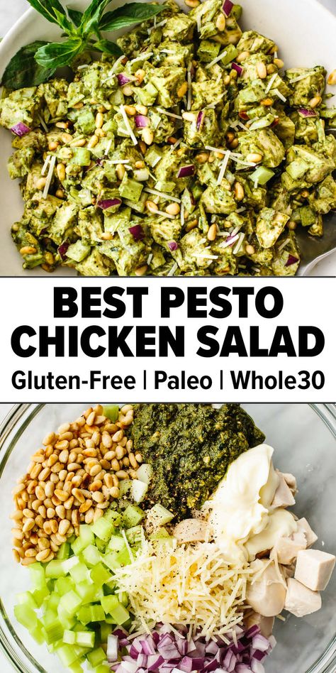 Basil pesto chicken salad Pesto Chicken Salad Wrap, Chicken Pesto Salad Recipes, Healthy Pesto Salad, Pesto Bowl Recipe, Basil Pesto Chicken Salad, Pesto Dinner Recipes Healthy, Healthy Pesto Meals, Summer Pesto Recipes, Pesto Chicken Salad Recipe