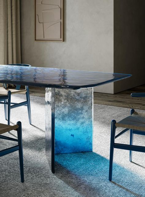 Bisato: Contemporary style table, Blue glass table, Custom table - Melt Collection | Arte Veneziana Glass Dining Room Table Decor, Glass Table Dining, Glass Table Design, Blue Glass Decor, Contemporary Dining Table Design, Glass Dining Table Decor, Blue Dining Table, Glass Table Decor, Contemporary Bookcase