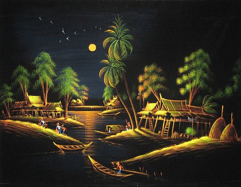 black velvet painting by orland g nutt Black Velvet Painting, Color Wheel Art Projects, Black Background Painting, Velvet Painting, Landscape Painting Tutorial, Enchanted Tiki Room, Scenery Pictures, Nature Drawing, Nature Art Painting