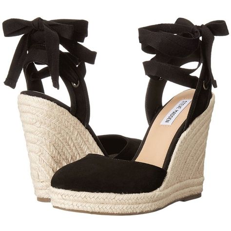 Steve Madden Barre (Black Suede) Women's Shoes ($81) ❤ liked on Polyvore featuring shoes, ankle wrap espadrille, black wedge shoes, black lace up shoes, espadrilles shoes and black ankle strap shoes Steve Madden Wedge Sandals, Suede Shoes Women, Black Lace Up Shoes, Black Wedge Shoes, Shoes Steve Madden, Ankle Strap Shoes, Prom Shoes, Cute Sandals, Pretty Shoes