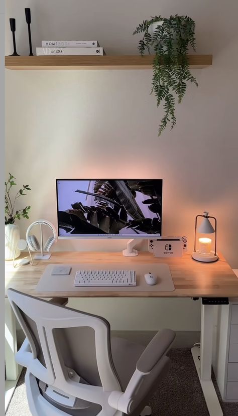 Small Home Office White Desk, Aesthetic Desk Setup Minimalist, Work From Home In Living Room, Desktop And Laptop Setup, Macbook Office Setup, Hiding Monitor On Desk, Flexispot Desk Ideas, Adjustable Desk Setup, Office Decor Corner