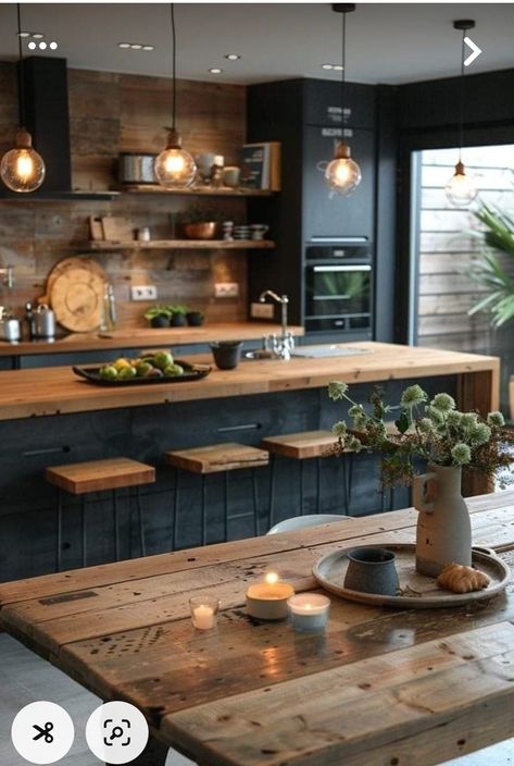 Shelving In The Kitchen Ideas, Kitchen Inspo Open Shelves, Industrial Kitchen Shelving, Open Shelf Cabinets Kitchen, Rustic Black And White Kitchen, European Farmhouse Kitchen Inspiration, Rustic Farmhouse Kitchen Decor Ideas, Farmhouse Kitchen Open Shelving Ideas, No Cabinet Kitchen Open Shelving