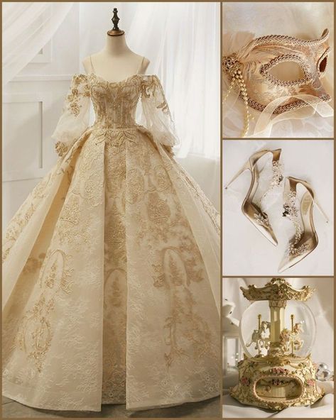 Royal Ethereal Gown, Golden Ball Gown Princesses, Dress Kerajaan Aesthetic, Vintage Quinceanera Dresses, Corset Ball Gowns Vintage, Victorian Quinceanera Dresses, Royal Quinceanera Dresses, Ballgowns Victorian Aesthetic, Victorian Era Wedding Dress