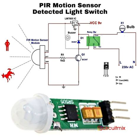 ⭐⭐ PIR motion sensor detected light switch ➡️ When a person, animal or any object comes in the range of PIR #sensor it switches on the… Simple Electronic Circuits, Basic Electrical Wiring, Simple Electronics, Electronic Circuit Design, Electrical Circuit Diagram, Hobby Electronics, Electronics Basics, Electronic Schematics, Electronic Circuit Projects