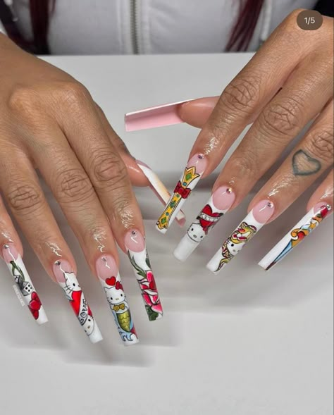 Ed Hardy Nails, Honey Nails, Hello Kitty Nails Art, Nails Baddie, Fye Nails, Long Acrylic Nail, Kitty Nails, Retro Nails, Rose Nail Art