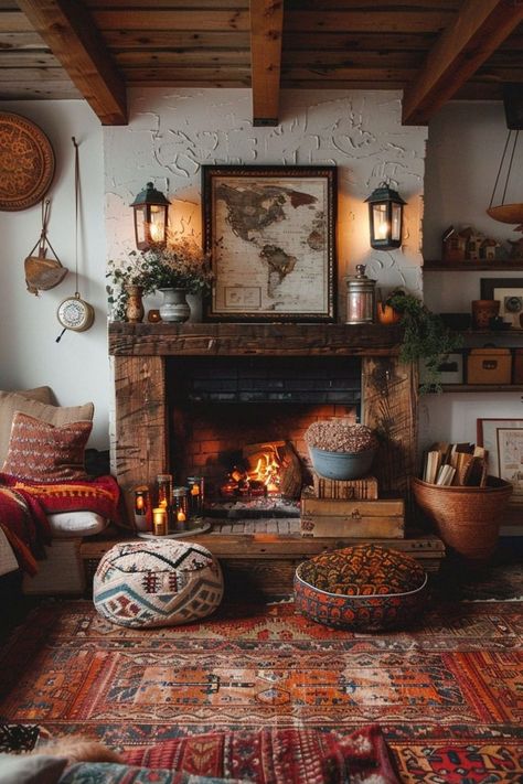 Bedroom With Fireplace Ideas, Salons Cottage, Bedroom With Fireplace, Boho Cabin, Minimalist Fireplace, Boho Bungalow, Cottage Fireplace, Fireplace Frame, Cabin Living Room