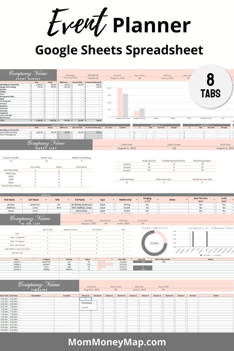 Event Planner Google Sheets Spreadsheet fitnessplanner #plannersfor2024 #languageplanner📕 Google Sheets Templates Business, Event Template Design, Google Spreadsheet Template, Google Sheets Planners, Event Set Up, Planning Spreadsheets, Event Planner Office, Event Planner Template, Event Space Business