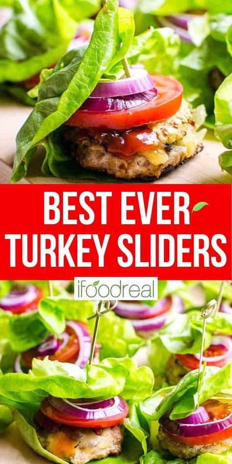 These Healthy Turkey Sliders are fast, juicy and flavourful. With a bit of bacon, cheese and traditional fixings, everyone will love these mini burgers wrapped in lettuce. Sliders Recipes Turkey, Turkey Burger Sliders, Best Turkey Burgers, Healthy Turkey Recipes, Turkey Sliders, Turkey Lettuce Wraps, Dinner Recipes Healthy Family, The Best Turkey, Healthy Low Carb Dinners