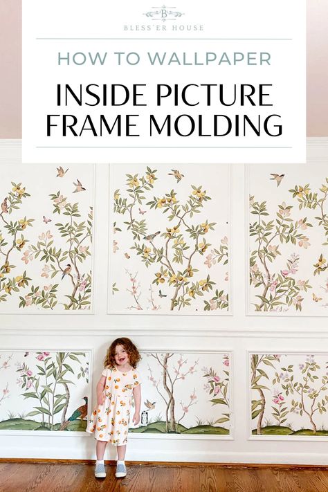 A step-by-step tutorial for how to hang wallpaper with an unpasted mural inside of picture frame molding for a whimsical, traditional look. Wallpaper Panels Framed, Framed Wallpaper Panels, How To Wallpaper, Hang Wallpaper, Diy Paper Wall Hanging, Installing Wainscoting, Next Wallpaper, Arte Aesthetic, Picture Molding