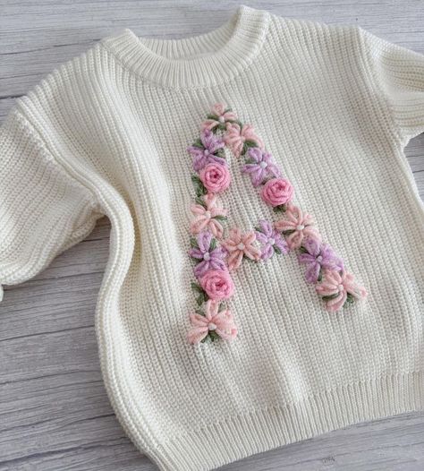 Hand Embroidery Letters, Personalised Jumpers, Sweater Embroidery, Kids Knitting Patterns, Embroidered Initials, Floral Initial, Embroidery Sweater, Wool Embroidery