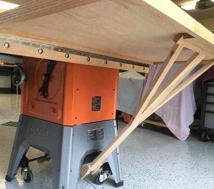 Ridgid R4512 Tablesaw Outfeed Table Tablesaw Outfeed Table, Ridgid Table Saw, Outfeed Table, Live Edge Bench, Oak Plywood, Oak Trim, Table Saws, Diy Workbench, Garage Work Bench