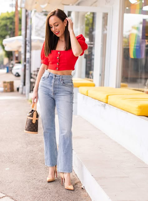 Sydne Style shows july 4th outfit ideas in red top and jeans #croptop  #highwaist #louboutin #puffsleeve @sydnesummer Stylish Crop Tops On Jeans, What To Wear With A Red Top, Crop Top On Jeans, Red Top Jeans Outfit, Jeans Top Outfit For Women, Poses In Crop Top And Jeans, Jeans With Crop Top Outfit, Casual Tops For Women With Jeans, Red Crop Top Outfit Summer