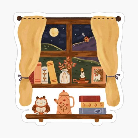 Sticker of a cozy windowsill with books and candle and a night time view of the moon and hills. Croquis, Cozy Illustration Winter, Bookish Illustration, Cosy Illustration, Bookshelf Illustration, Hygge Illustration, Teapot Flowers, Reading Illustration, Cozy Illustration