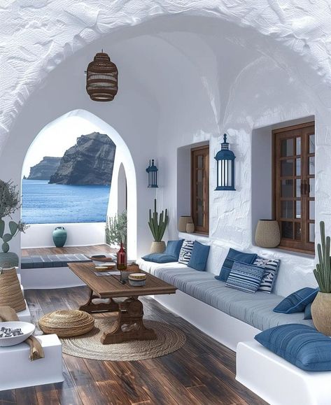 Santorini Living Room Design, Santorini Living Room, Greek Bedroom, Santorini House, Beach House Interior Design, Mediterranean House, Greek House, Beach House Interior, Mediterranean Homes