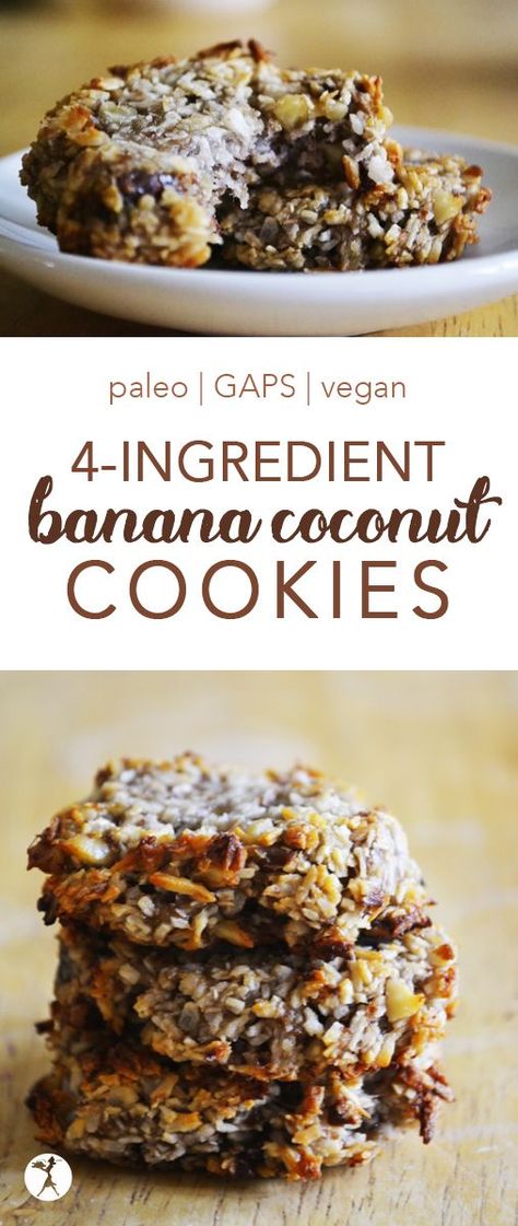 Easy and delicious, these paleo and vegan Banana Coconut Cookies are a hit whenever they're made! #glutenfree #paleo #gapsdiet #vegan #cookies #dairyfree #eggfree #coconut #banana Paleo Coconut Recipes, Aip Banana Cookies, Whole 30 Ripe Banana Recipes, Paleo Coconut Desserts, Banana Paleo Recipes, Whole30 Banana Recipes, Whole 30 Banana Dessert, Banana And Coconut Recipes, Banana Coconut Recipes