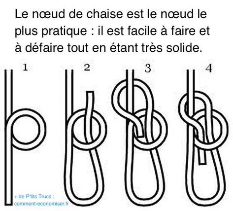 Le nœud de chaise est le nœud le plus utile que vous devez connaître. Il a l'avantage d'être facile à défaire même après avoir subi une très forte traction.  Découvrez l'astuce ici : http://www.comment-economiser.fr/faire-un-noeud-de-chaise.html?utm_content=bufferc187a&utm_medium=social&utm_source=pinterest.com&utm_campaign=buffer Hercules Knot, Clove Hitch Knot, How To Tie A Knot, Bowline Knot, Reef Knot, Camping Knots, Best Knots, Survival Knots, Half Hitch Knot