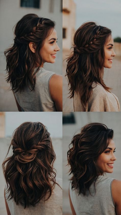 Get ready for your next Homecoming with these hoco hairstyles for all hair types - straight hair simple half up short hair updos half up half down long hair inspiration medium length styles natural curly looks short and easy styles and shoulder length hair ideas Perfect for any special occasion Maid Of Honor Hair Medium Length, Half Up Wedding Guest Hairstyles Medium Length, Half Up Updos For Medium Length Hair, Half Up Half Down Lob Hairstyles, Half Up Semi Formal Hairstyles, Half Updo Curly Hair Natural, Cute Shoulder Length Hairstyles Half Up, Dress Hairstyles For Medium Hair, Lob Half Up Half Down