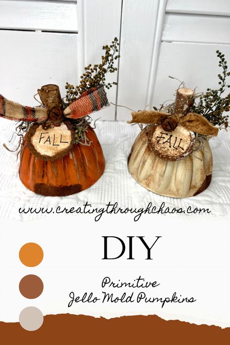 DIY Primitive Jello Mold Pumpkins #falldecor #diyfalldecor #diy #upcycledhomedecor #vintageembroiderypatterns #vintagefall #primitivecountrydecorating #primitive #diyproject Fall Decor Primitive, Jello Mold Pumpkins, Primitive Crafts Diy, Fall Garland Diy, Primitive Diy, Vintage Jello Molds, Sister Crafts, Fall Pumpkin Crafts, Fall Decor Dollar Tree