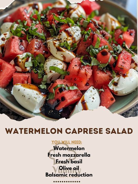 🍉 Refresh with Watermelon Caprese Salad! 🌿 #FreshEats 🍽️ Watermelon Caprese Salad 🛒 Ingredients: Watermelon: 2 cups, cubed Fresh mozzarella: 1 cup, cubed Fresh basil: A handful Olive oil: 2 tbsp Balsamic reduction: 1 tbsp Salt and pepper: To taste 👩‍🍳 Instructions: Layer: Alternate watermelon and mozzarella on a platter. Drizzle: Add olive oil and balsamic reduction. Season: Sprinkle with salt, pepper, and basil. Serve: Fresh and vibrant! 💚 Refresh your palate with our Watermelon Caprese ... Watermelon Caprese, Watermelon Caprese Salad, Fresh Eats, Mozzarella Salad, Basil Recipes, Balsamic Reduction, Watermelon Salad, Fresh Mozzarella, Salad Ingredients