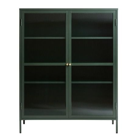 Enjoy a more refined take on the modern design aesthetic with this metal display cabinet. This metal two door cabinet is designed with two glass panel door fronts, four shelves and simple metal framework, making it the perfect home for your favorite pottery, books and other collected curiosities. Features: Materials: Tempered glass, steel metal Finish: Green Tempered fluted glass fronts, cold rolled steel Golden handle and hinge detail Includes wall brackets Adjustable shelving Specifications: P Metal Display Cabinet, China Cabinets And Hutches, Two Door Cabinet, Cabinet Glass Doors, Reeded Glass, Loft Stil, Glass Cabinets Display, China Furniture, Glass Panel Door