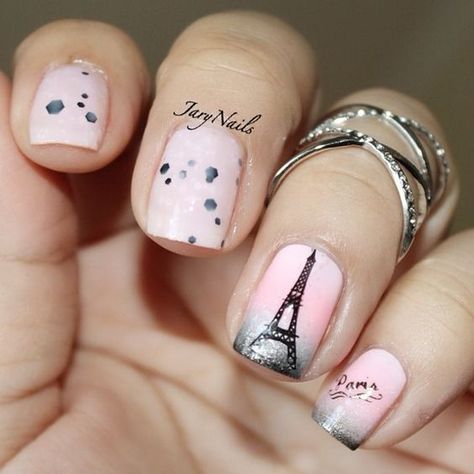 Paris themed nails Paris Nail Art, French Manicure Nail Designs, Pretty Nails Glitter, Paris Nails, French Manicure Designs, French Manicure Nails, Cute Nail Art Designs, Pretty Nail Designs, Really Cute Nails