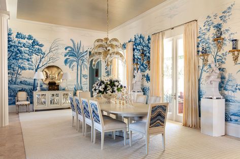 Tour the 2024 Kips Bay Decorator Show House Palm Beach - Galerie Gracie Wallpaper, Open Floor Plan Kitchen, The Shade Store, Palm Beach Style, Show House, Dining Design, White Dining Room, Bar Seating, Mural Design